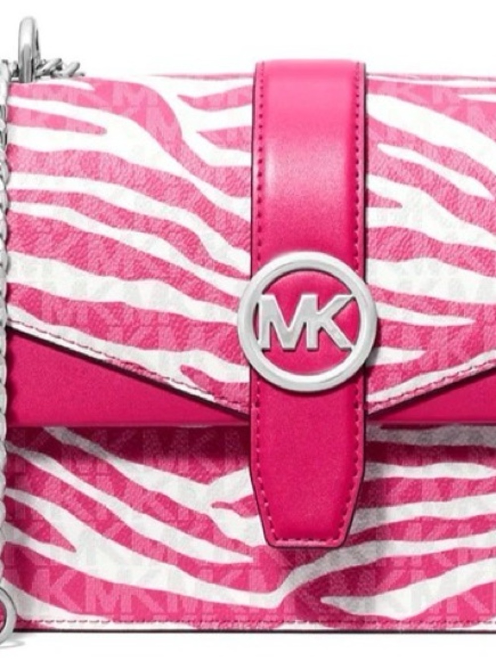NWT $498 Michael Kors Pink GREENWICH Zebra-Print Leather MK LOGO Crossbody - Picture 3 of 11